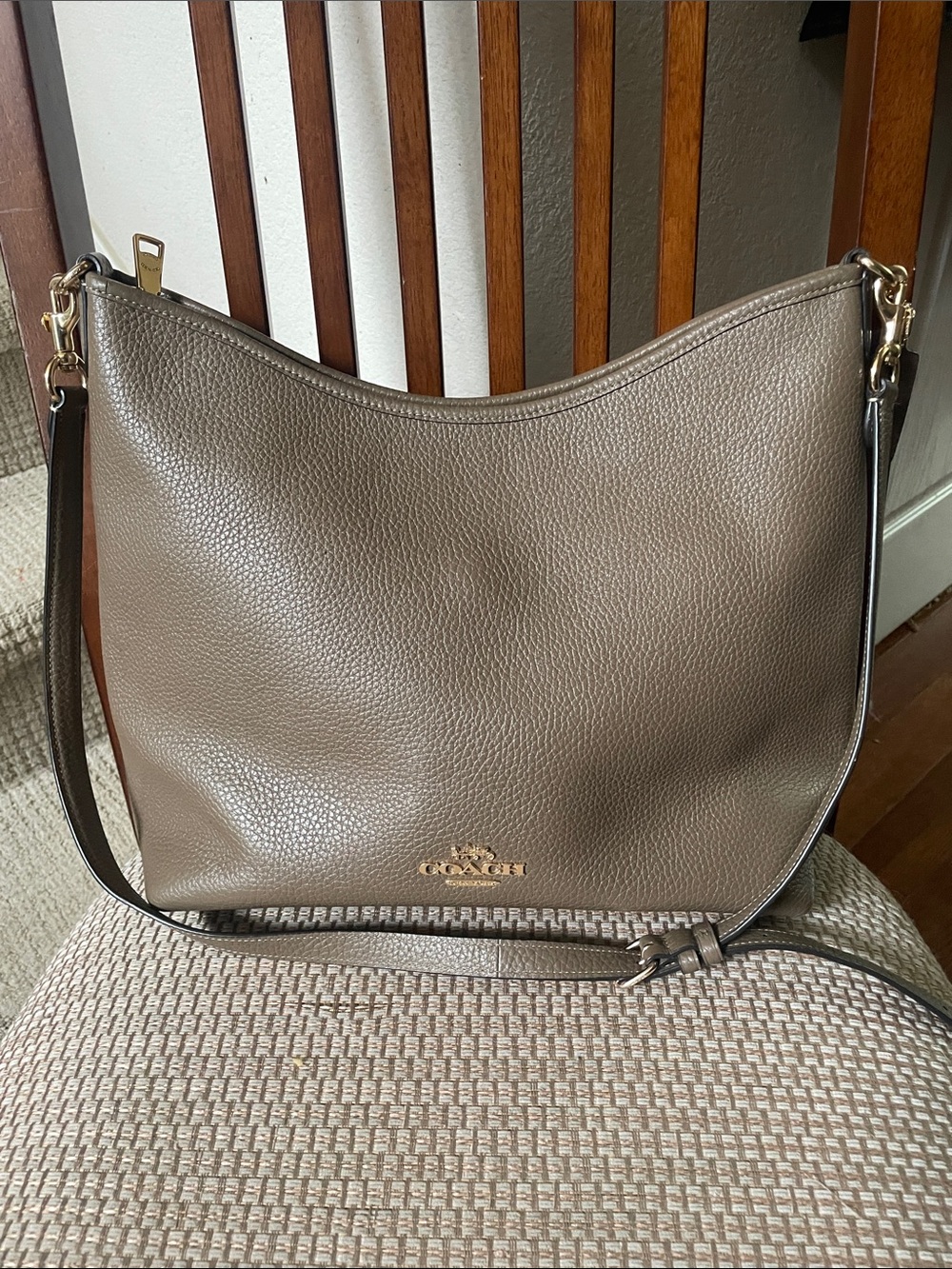 Coach Pebbled Leather Large Laurel Hobo in Dark Stone with Gold Hardware